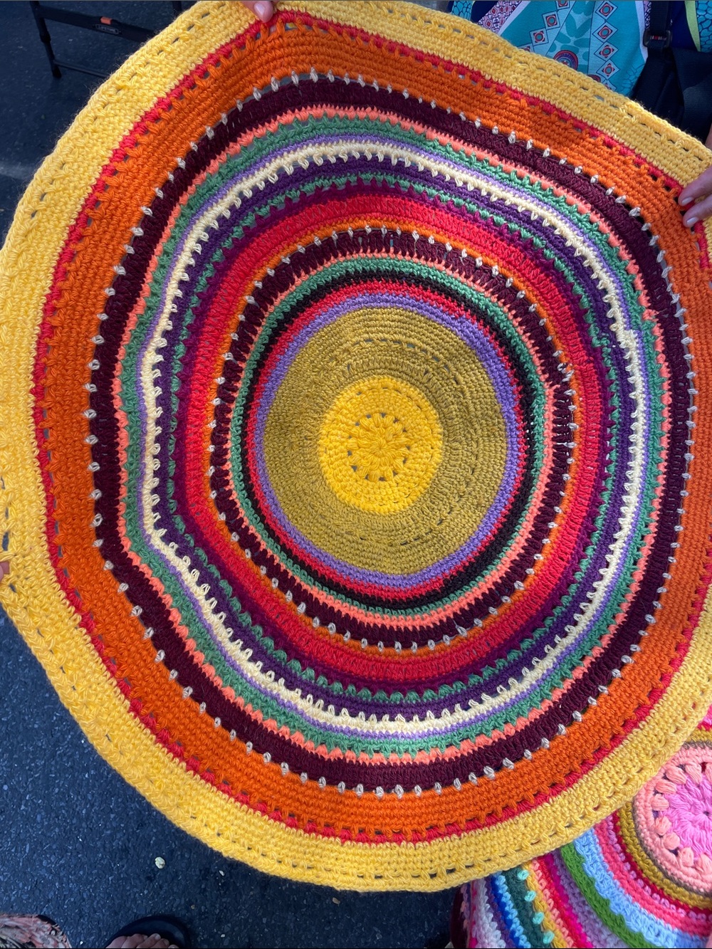 Large Handmade Multicolor Crochet Round Rug- Yellow Accent